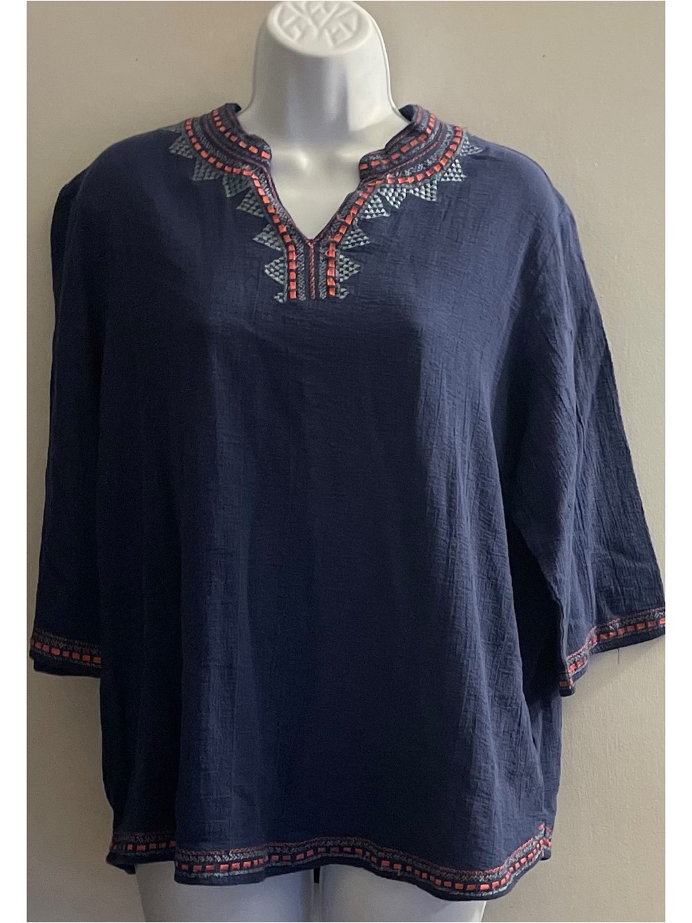 Blair Navy Tunic with Coral & Light Blue Embroidery